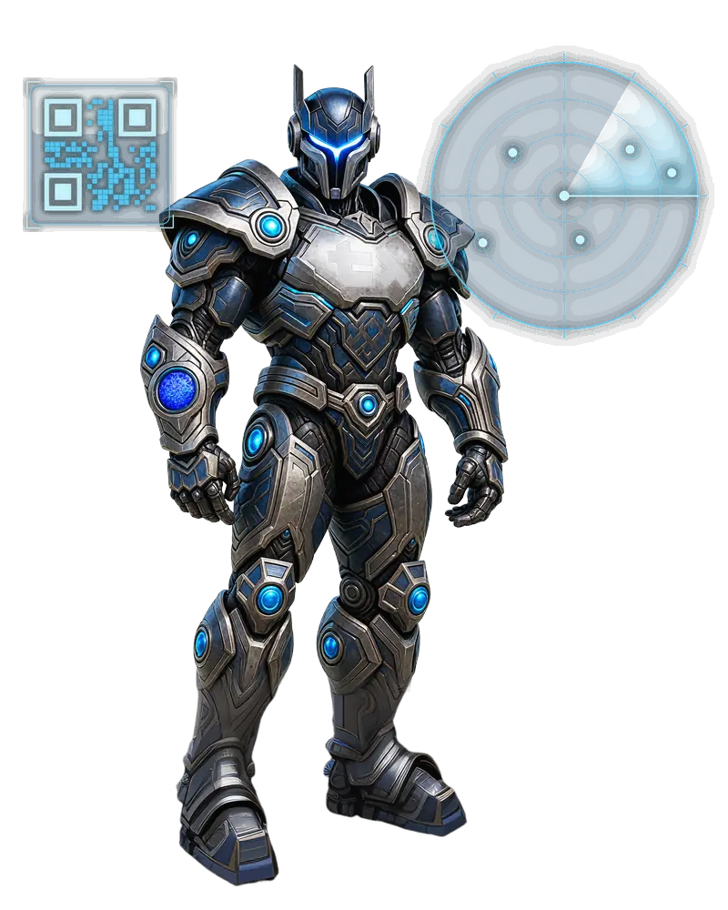Centinela TX — Lead-Gewinnung: Titan in gravierter Rüstung mit blauem V-Visier und dem TX-Emblem auf der Brust, aufrecht und frontal, umgeben von Hologrammen zur Gewinnung wie einem Radar und einem QR-Code.