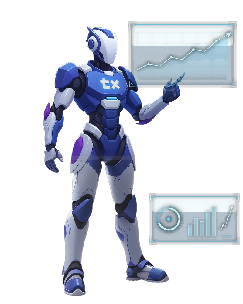 Centinela TX — Ergebniskennzahlen: illustrierter blau-weißer Roboter mit dem TX-Emblem auf der Brust, der mit dem Zeigefinger nach oben zeigt, mit einer ansteigenden Linie und einem Ergebnis-Dashboard als Hologramm.