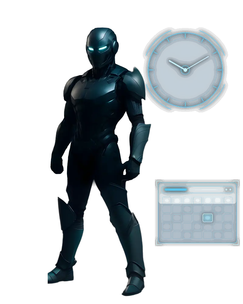 Centinela TX — Follow-up-Hinweise: Roboter in blauschwarzer Rüstung mit leuchtend cyanfarbenen Augen, wachsam im Halbdunkel, in voller Größe, mit einer holografischen Uhr und einem Kalender.